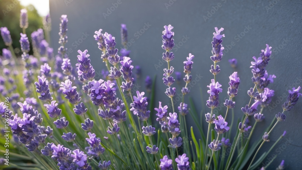 Naklejka premium Lavender flowers in bloom with soft lighting against a grey wall featuring vibrant purple petals and green foliage Copy Space