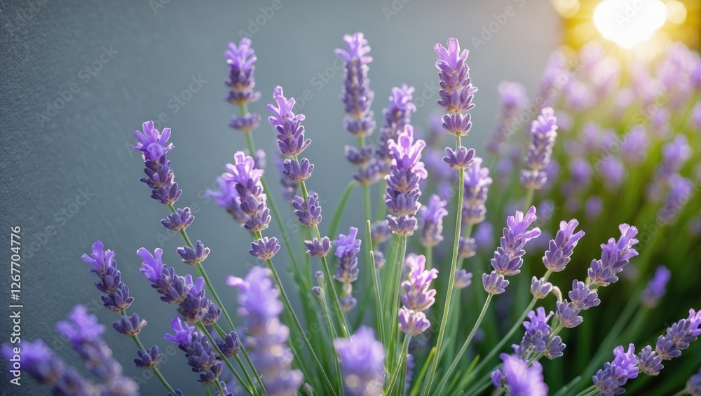 Obraz premium Lavender flowers blooming in soft sunlight with blurred background and vibrant purple hues showcasing nature's beauty and tranquility Copy Space