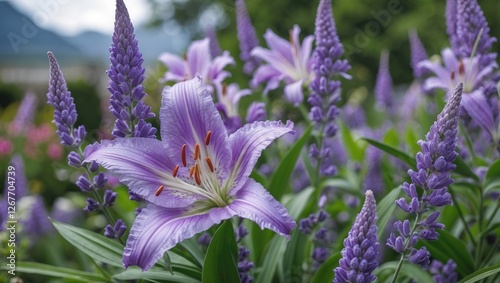 Purple flowers in bloom with a focus on a large lily among lavender spikes in a well-maintained garden setting with blurred background Copy Space