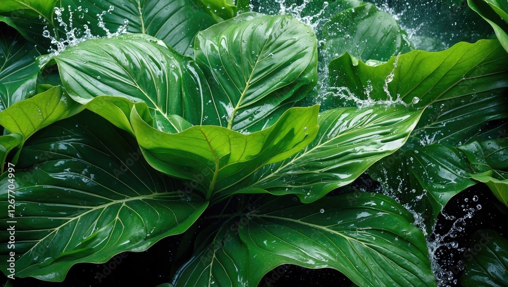 Obraz premium Close-up of green tropical leaves with water droplets and splashes, vibrant foliage in natural setting, Copy Space