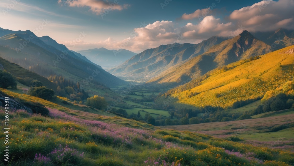 Fototapeta premium Vast panoramic view of green rolling hills in a valley surrounded by mountains during golden hour with colorful wildflowers in the foreground Copy Space