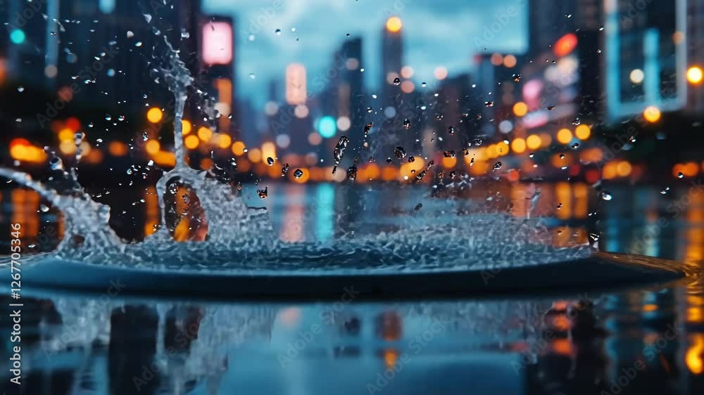 Dramatic Night Cityscape with Water Drops and Illuminated Architecture Dramatic Night Cityscape with Water Drops and Illuminated Architecture