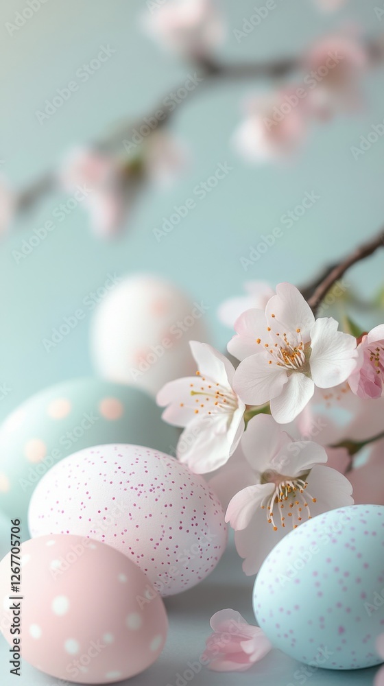 Colorful eggs and cherry blossoms create a serene spring celebration setting with joy and beauty all around. Generative AI Colorful eggs and cherry blossoms create a serene spring celebration setting with joy and beauty all around. Generative AI