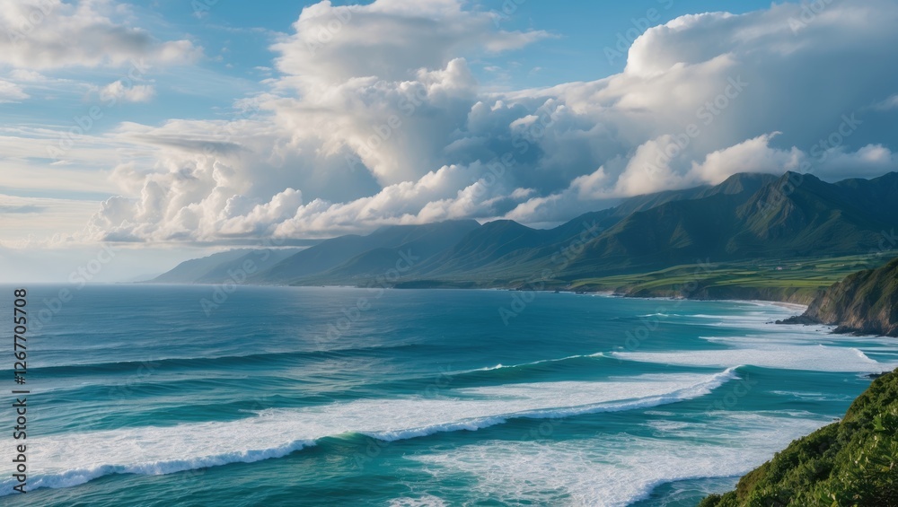 Coastal landscape with rolling waves, dramatic clouds, and lush green mountains under a clear blue sky, ideal for nature photography, Copy Space Coastal landscape with rolling waves, dramatic clouds, and lush green mountains under a clear blue sky, ideal for nature photography, Copy Space