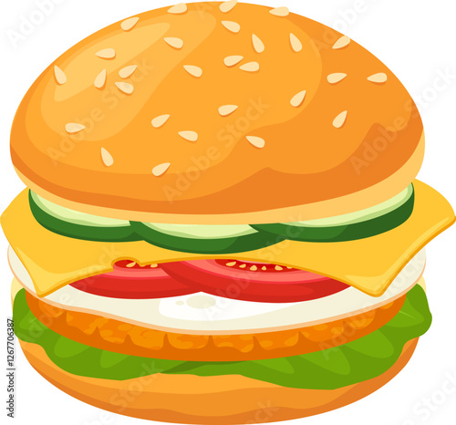 Tasty burger with sesame bun, meat, cheese, cucumber, tomato, lettuce and mayonnaise filling isolated on white background representing delicious fast food meal