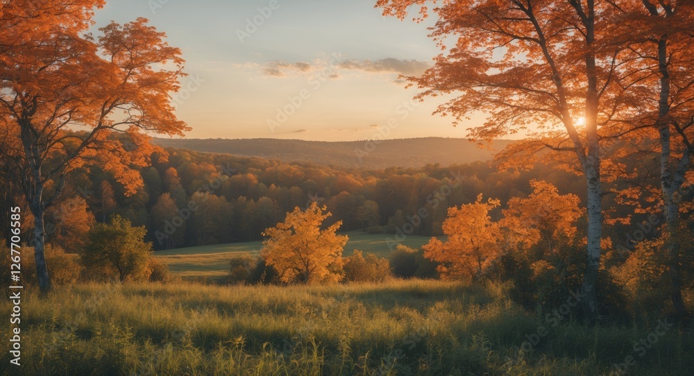 Fototapeta premium Autumn landscape with vibrant orange and yellow trees during sunset over a serene meadow with gentle hills in the background Copy Space