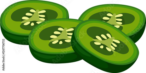 Four slices of jalapeno peppers arranged on a white background, showcasing seeds and vibrant green color, ideal for food and culinary projects