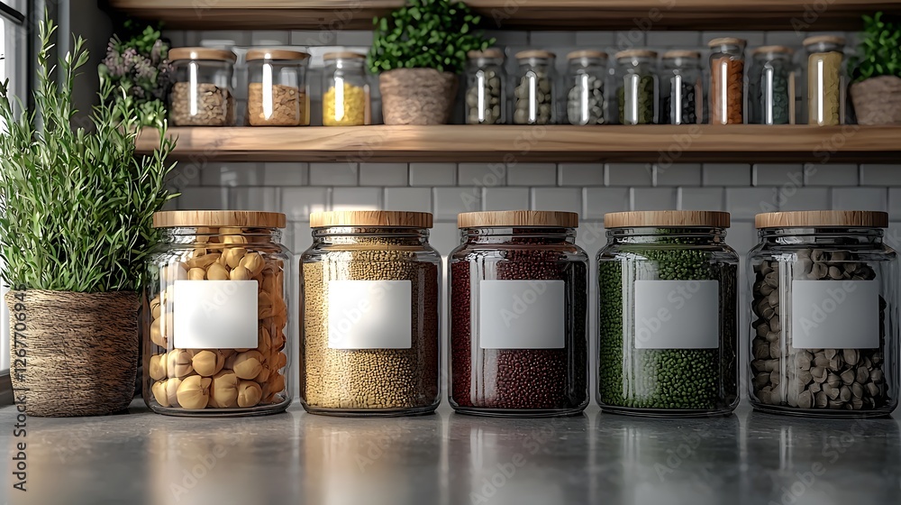 A set of sleek minimalistic glass jars with clean crisp labels placed neatly on a smooth seamless countertop providing ample empty space for creative captions text or branding A set of sleek minimalistic glass jars with clean crisp labels placed neatly on a smooth seamless countertop providing ample empty space for creative captions text or branding