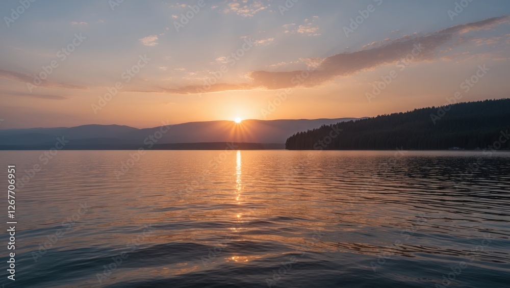 Sunrise over calm lake reflecting mountains and trees with golden hues and gentle ripples on water Copy Space Sunrise over calm lake reflecting mountains and trees with golden hues and gentle ripples on water Copy Space