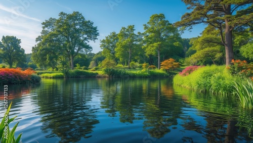 Scenic tranquil lake with reflections of trees and colorful flowers in a lush landscape during sunny weather Copy Space