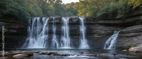 Waterfall cascading over rocky cliffs surrounded by lush green trees and serene water pool with clear blue sky in the background Copy Space photo