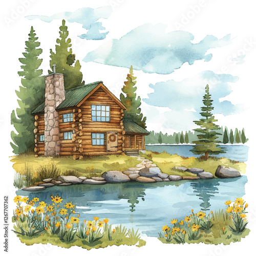 A cozy log cabin by a lake watercolor
