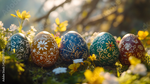 Colorful, intricately decorated eggs nestled among wildflowers on a sunlit Easter Sunday in a serene forest setting