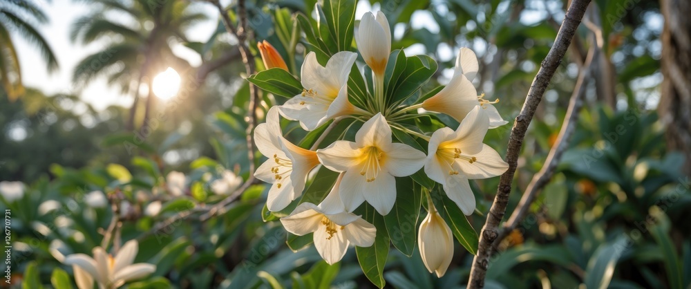 Blooming white flowers on a branch surrounded by lush greenery with sunlight filtering through palm trees Copy Space