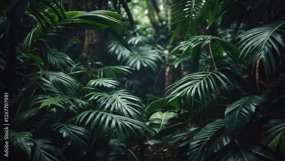 Dense tropical jungle with large green leaves and abundant foliage, natural light filtering through trees, Copy Space Dense tropical jungle with large green leaves and abundant foliage, natural light filtering through trees, Copy Space