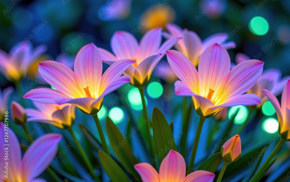 A stunning close-up of vibrant, glowing flowers in full bloom, illuminated with soft golden light. A stunning close-up of vibrant, glowing flowers in full bloom, illuminated with soft golden light.