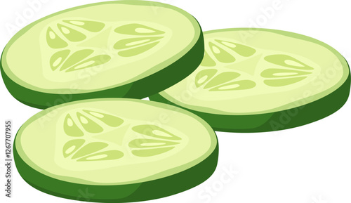 Three overlapping cucumber slices resting on a white background, revealing their juicy flesh and tiny seeds, create a refreshing and vibrant visual perfect for healthy eating