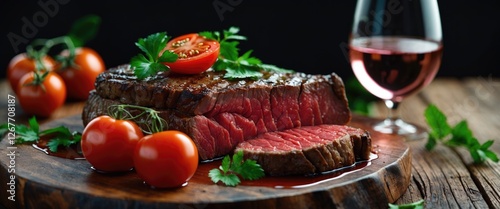 Juicy grilled steak with fresh tomatoes and herbs on wooden cutting board complemented by glass of rose wine against dark background Copy Space photo