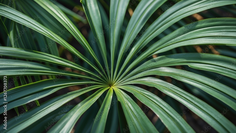 Green palm leaves arranged in a radial pattern with visible textures and details, suitable for backgrounds and nature themes, Copy Space Green palm leaves arranged in a radial pattern with visible textures and details, suitable for backgrounds and nature themes, Copy Space