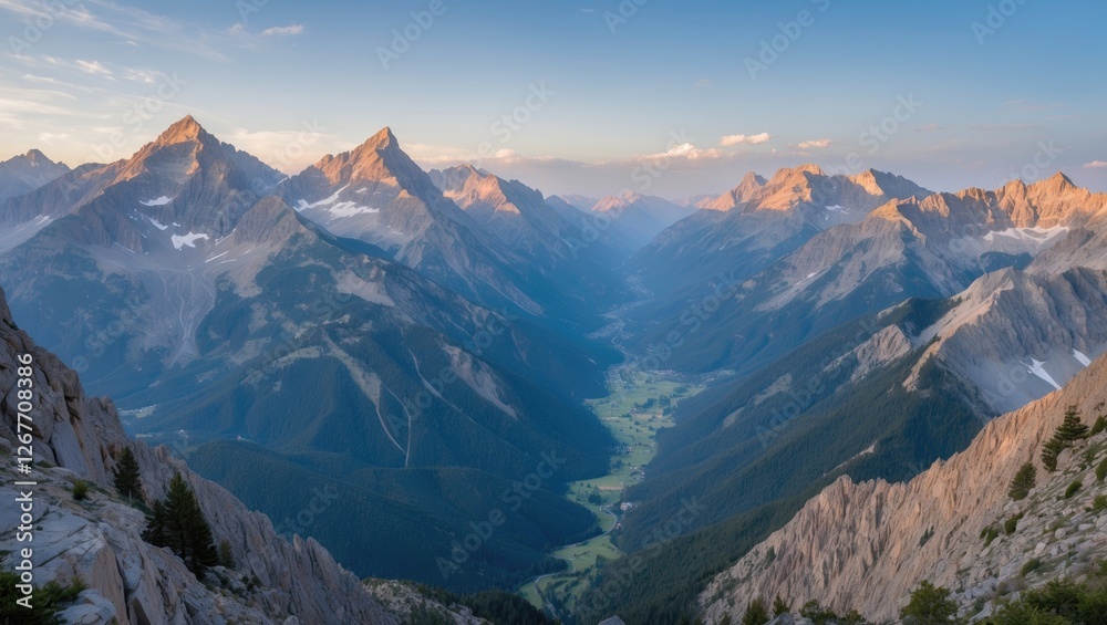 Obraz premium Stunning panoramic view of a mountain valley during sunset with dramatic peaks and clear sky, showcasing natural beauty and tranquility. Copy Space