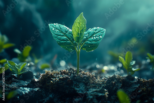Ephemeral Dew Adorns Verdant Sprout, Embodiment of Rebirth and Resilience