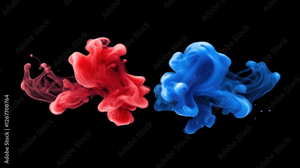 Red and blue ink swirling in water against a black background. Red and blue ink swirling in water against a black background.