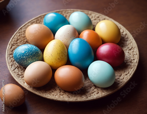 Multi -colored Easter eggs in a plate on the table.