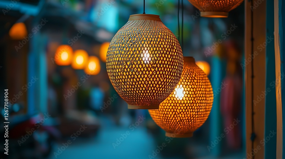 Obraz premium Woven lanterns illuminate Asian night market