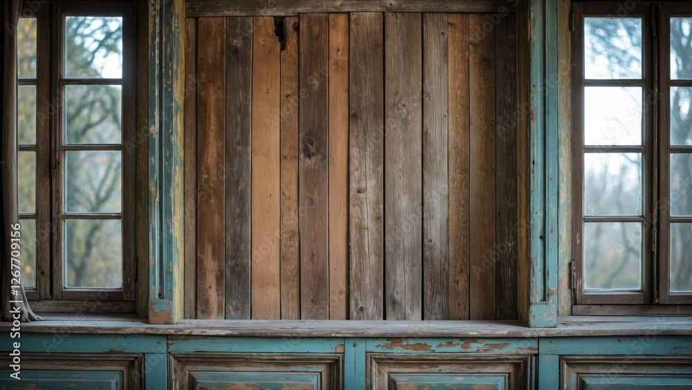 Old wooden window with a rustic frame and weathered paint, displayed alongside a paneled wooden wall, featuring ample Copy Space. Old wooden window with a rustic frame and weathered paint, displayed alongside a paneled wooden wall, featuring ample Copy Space.