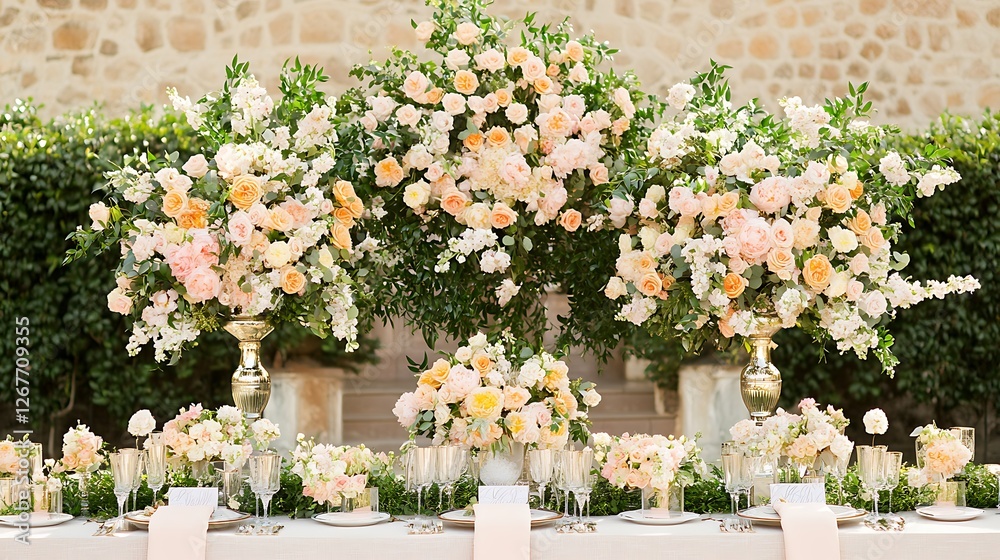 Fototapeta premium Elegant Peach And White Wedding Floral Table Setting