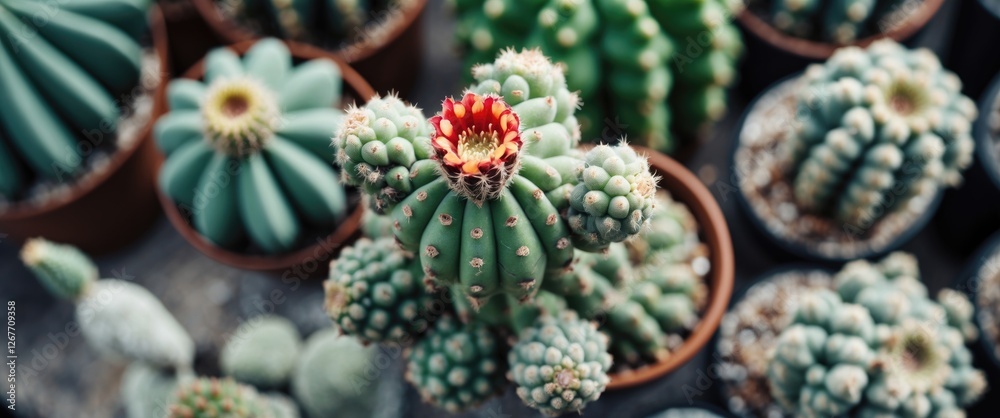 Close-up view of various cactus plants in pots with focus on a blooming cactus flower Copy Space Close-up view of various cactus plants in pots with focus on a blooming cactus flower Copy Space