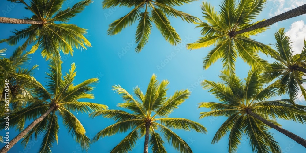Fototapeta premium Palm trees against a bright blue sky with clouds in the background creating a tropical atmosphere Copy Space