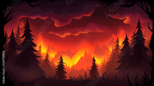 Eerie Forest Engulfed in Twilight Hues and Silhouette Pines Painting a Dramatic Atmospheric Scene
