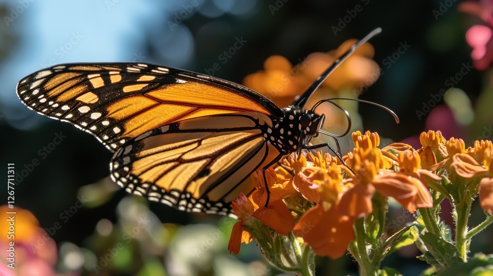Obraz premium Close-up of a monarch butterfly resting on a cluster of orange flowers. the butterfly's wings are spread out, revealing the intricate patterns and patterns on its body.