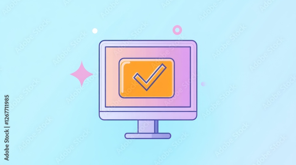 Computer screen with confirmation checkmark, simple graphic, pastel colors Computer screen with confirmation checkmark, simple graphic, pastel colors