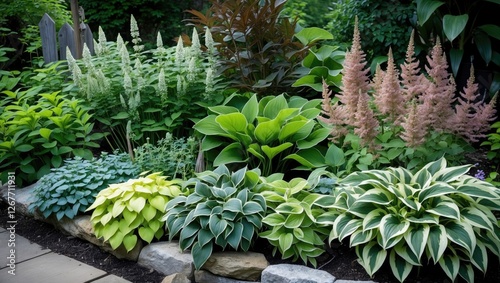 Colorful garden landscape featuring various hostas and astilbes with lush foliage and blooming flowers in a well-maintained setting Copy Space