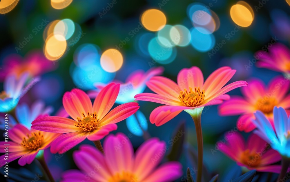 Fototapeta premium A stunning close-up of vibrant, glowing flowers in full bloom, illuminated with soft golden light. 