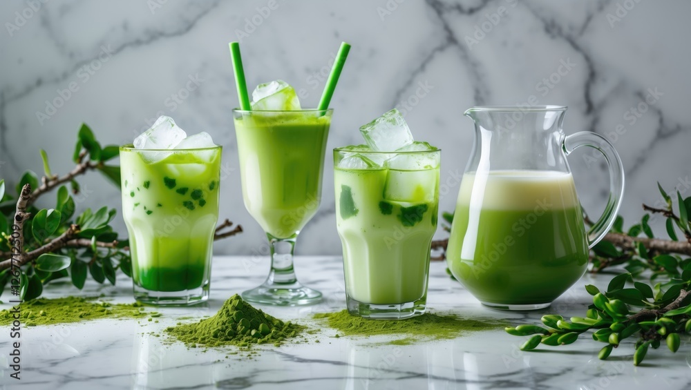 Freshly prepared green smoothies and drinks in glasses and a pitcher on marble surface with matcha powder and green leaves decorative elements Freshly prepared green smoothies and drinks in glasses and a pitcher on marble surface with matcha powder and green leaves decorative elements