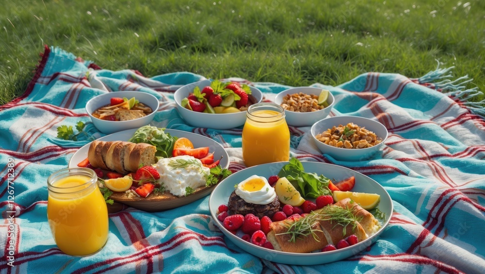 Breakfast picnic spread with fresh fruits, salads, croissants, and orange juice on a blue and red checkered blanket in a grassy field Copy Space
