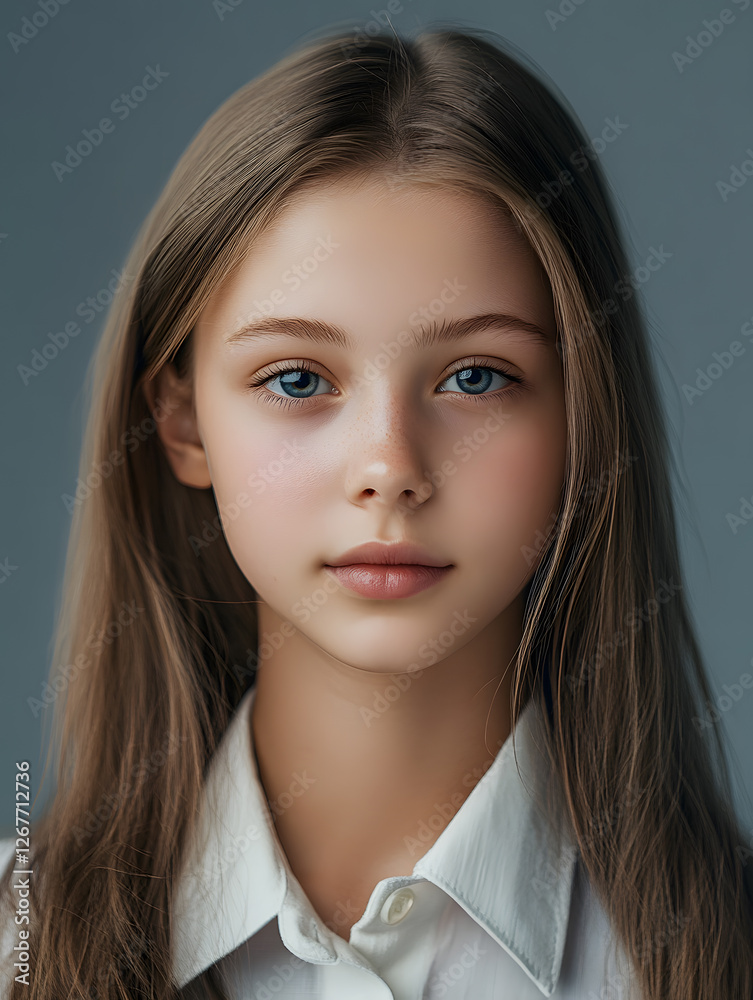 Fototapeta premium Portrait girl ID photo on gray background