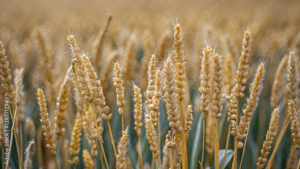 Fototapeta premium Golden wheat field close-up with ripe grain heads against a blurred background Copy Space