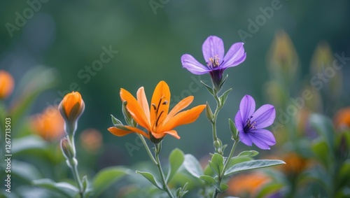 Colorful orange lily and purple flowers in a lush garden setting with soft focus and blurred background featuring green foliage and copy space