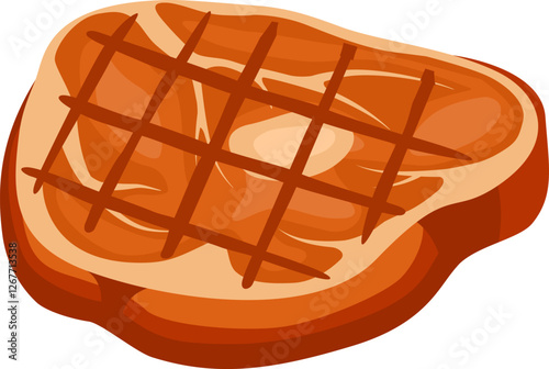 Grilled pork chop with cross hatch grill marks isolated on white background, simple flat vector illustration of cooked meat, perfect for restaurant menus, food blogs or recipe books