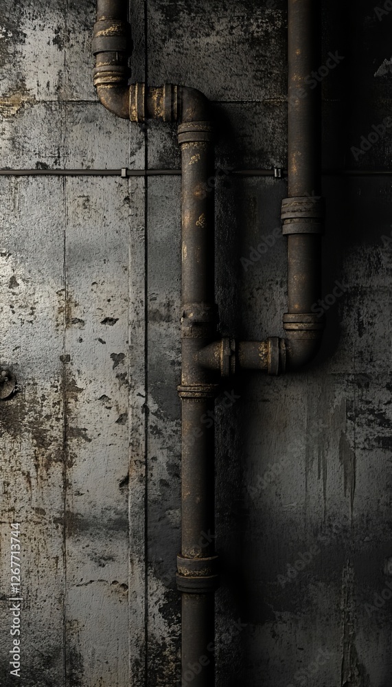 Close up of a weathered industrial pipe wall in a dark concrete garage showcasing artistic modernity Close up of a weathered industrial pipe wall in a dark concrete garage showcasing artistic modernity
