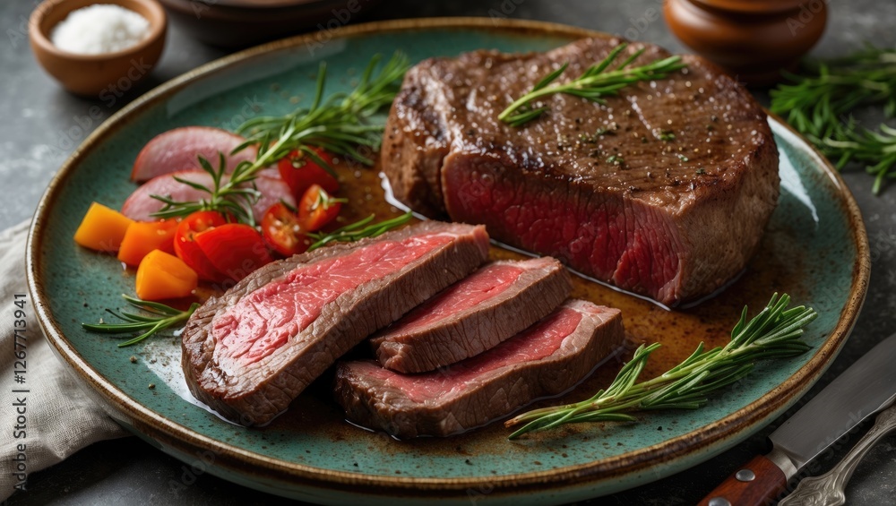 Beef steak served with fresh herbs and colorful vegetables on a rustic plate with copy space for text Beef steak served with fresh herbs and colorful vegetables on a rustic plate with copy space for text