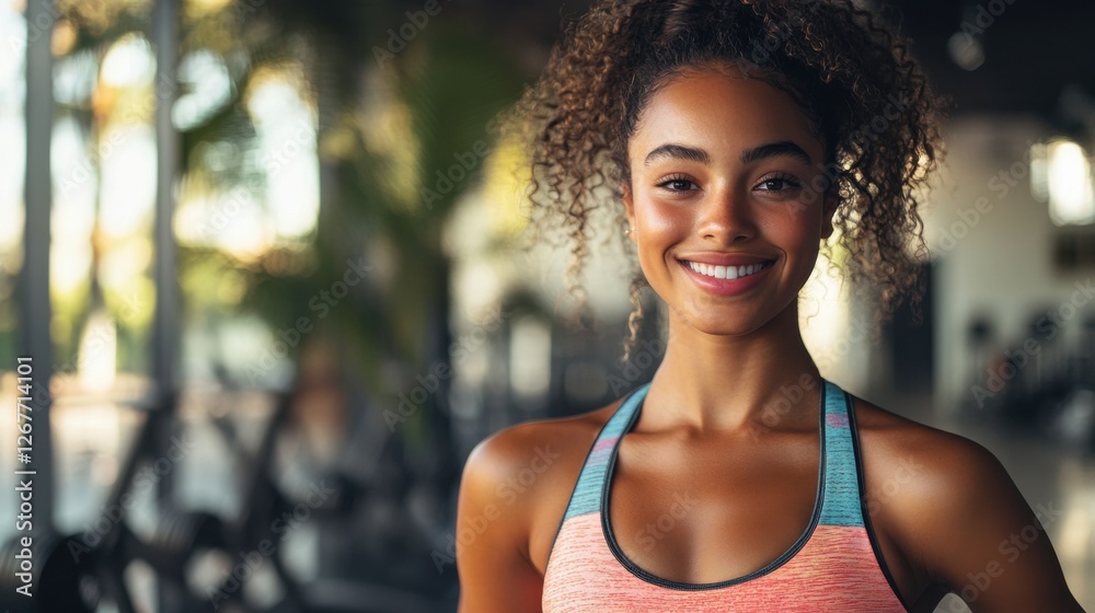 A smiling woman in a vibrant workout outfit stands confidently in a brightly lit gym, surrounded by modern fitness equipment A smiling woman in a vibrant workout outfit stands confidently in a brightly lit gym, surrounded by modern fitness equipment