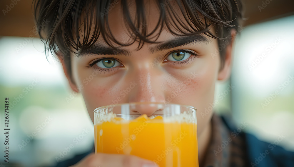 man drinking orange juice, close-up, possible ai generate image. man drinking orange juice, close-up, possible ai generate image.