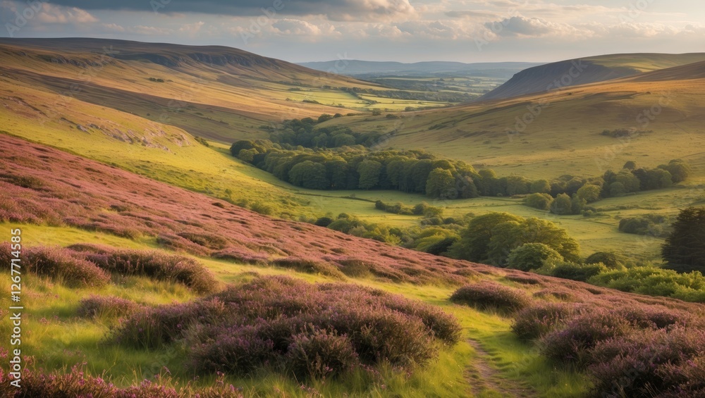 Lush green valleys and rolling hills with purple heather in sunlight under a cloudy sky nature landscape with Copy Space Lush green valleys and rolling hills with purple heather in sunlight under a cloudy sky nature landscape with Copy Space