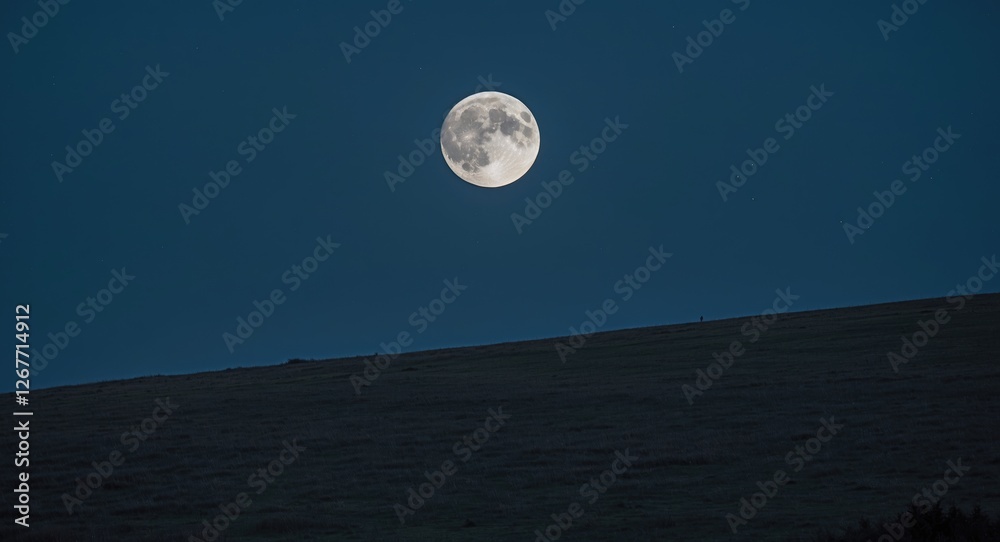 Full moon illuminated against a deep blue evening sky over a gently sloping hillside with minimal foreground detail Copy Space Full moon illuminated against a deep blue evening sky over a gently sloping hillside with minimal foreground detail Copy Space