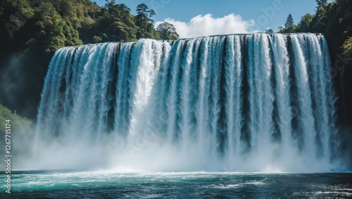 Majestic waterfall cascading over cliffs surrounded by lush greenery and misty atmosphere with clear blue water in foreground Copy Space